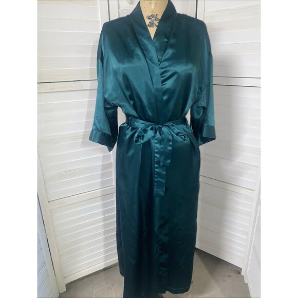 Vintage Dentelle Green Satin Full Length Robe Tie Waist Silky Bath Medium - Picture 1 of 9